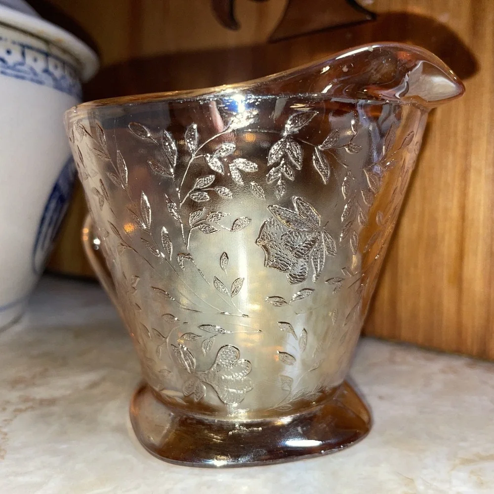 Vtg Jeannette Marigold Peach Floral Depression Carnival‎ Glass Creamer